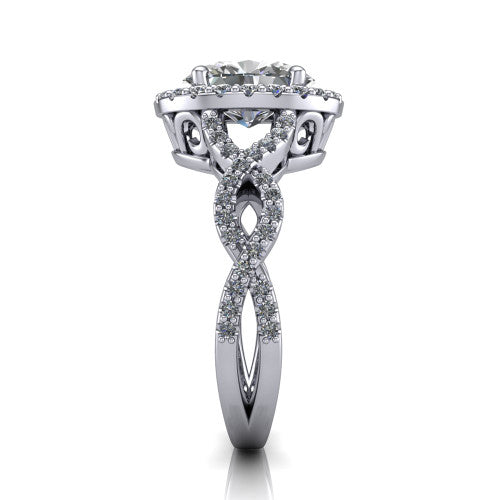Azalea oval double halo engagement ring in 14K White Gold, side profile showing the infinity-twist pavé shank and double halo