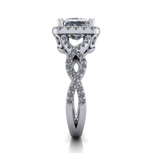 Azalea princess-cut double halo engagement ring in 18K White Gold, side profile showing the infinity-twist pavé shank and double halo
