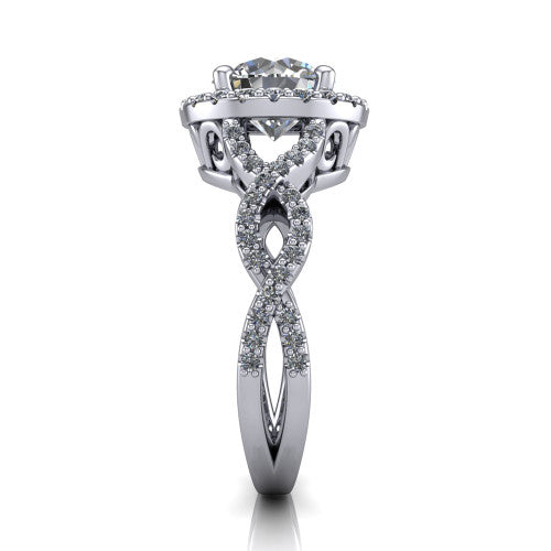 Azalea round double halo engagement ring in Platinum, side profile showing the infinity-twist pavé shank and double halo