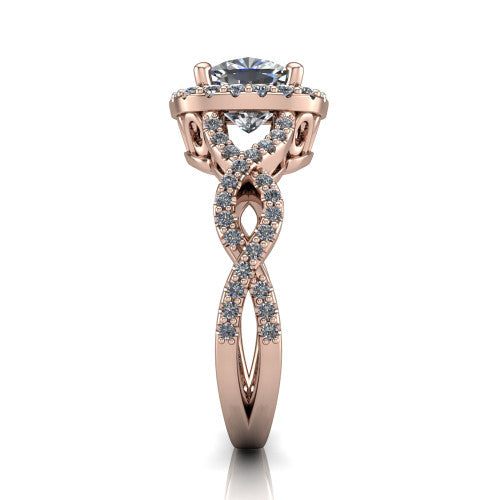 Azalea cushion-cut double halo engagement ring in 14K Rose Gold, side profile showing the infinity-twist pavé shank and double halo