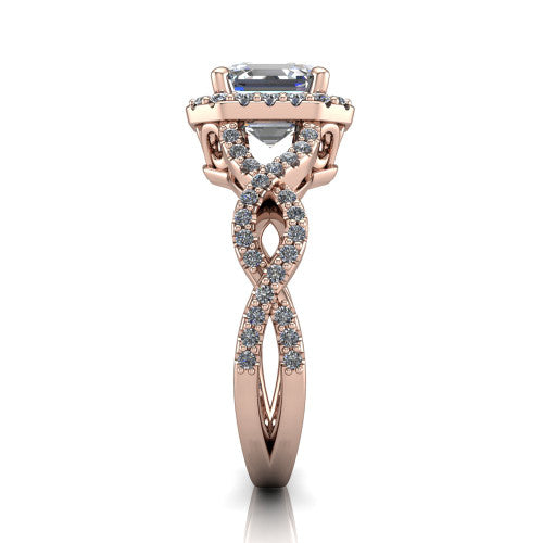 Azalea square emerald-cut double halo engagement ring in 18K Rose Gold, side profile showing the infinity-twist pavé shank and double halo