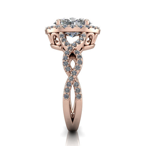 Azalea oval double halo engagement ring in 18K Rose Gold, side profile showing the infinity-twist pavé shank and double halo