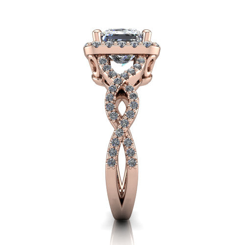 Azalea princess-cut double halo engagement ring in 18K Rose Gold, side profile showing the infinity-twist pavé shank and double halo