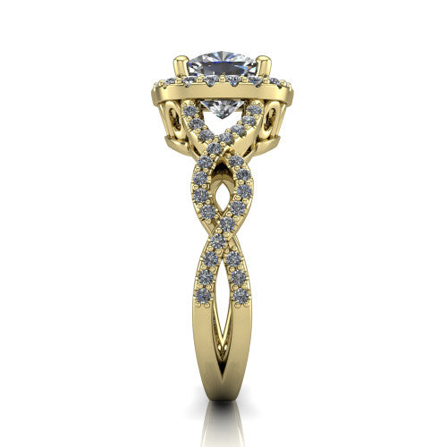 Azalea cushion-cut double halo engagement ring in 14K Yellow Gold, side profile showing the infinity-twist pavé shank and double halo