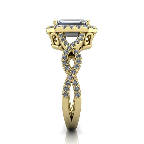 Azalea emerald-cut double halo engagement ring in 14K Yellow Gold, side profile showing the infinity-twist pavé shank and double halo