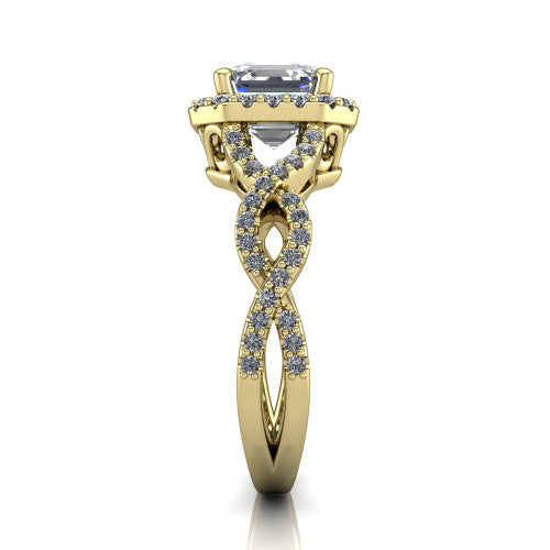 Azalea square emerald-cut double halo engagement ring in 18K Yellow Gold, side profile showing the infinity-twist pavé shank and double halo