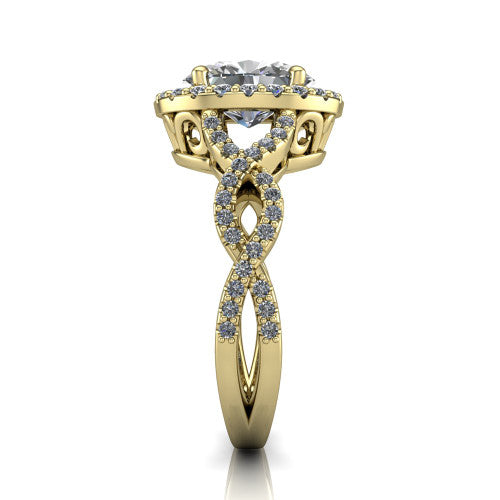 Azalea oval double halo engagement ring in 14K Yellow Gold, side profile showing the infinity-twist pavé shank and double halo