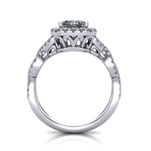 Azalea emerald-cut double halo engagement ring in Platinum, through-finger front profile showing the filigree gallery beneath the double halo