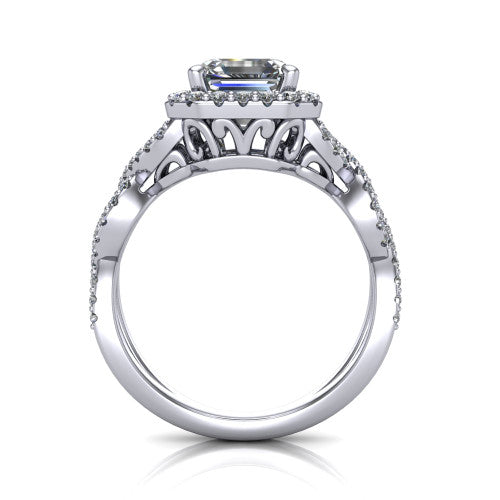 Azalea square emerald-cut double halo engagement ring in Platinum, through-finger front profile showing the filigree gallery beneath the double halo