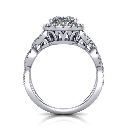 Azalea oval double halo engagement ring in 18K White Gold, through-finger front profile showing the filigree gallery beneath the double halo