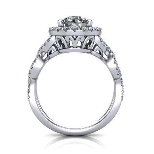 Azalea round double halo engagement ring in 14K White Gold, through-finger front profile showing the filigree gallery beneath the double halo