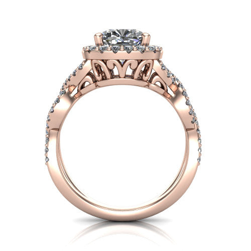 Azalea cushion-cut double halo engagement ring in 14K Rose Gold, through-finger front profile showing the filigree gallery beneath the double halo
