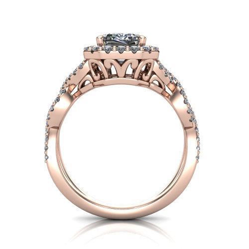 Azalea emerald-cut double halo engagement ring in 14K Rose Gold, through-finger front profile showing the filigree gallery beneath the double halo