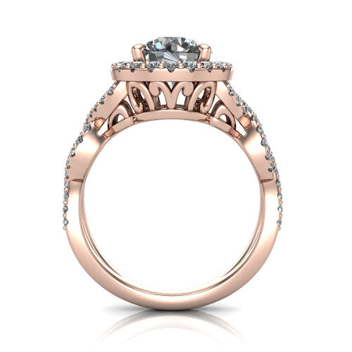 Azalea round double halo engagement ring in 18K Rose Gold, through-finger front profile showing the filigree gallery beneath the double halo