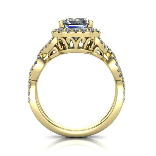 Azalea square emerald-cut double halo engagement ring in 18K Yellow Gold, through-finger front profile showing the filigree gallery beneath the double halo