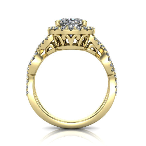Azalea oval double halo engagement ring in 14K Yellow Gold, through-finger front profile showing the filigree gallery beneath the double halo