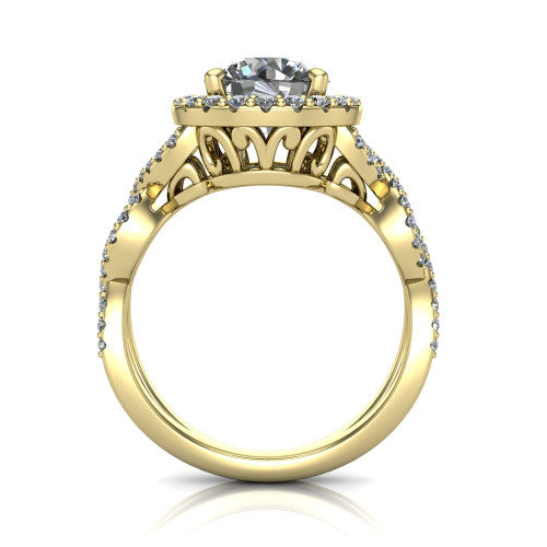 Azalea round double halo engagement ring in 18K Yellow Gold, through-finger front profile showing the filigree gallery beneath the double halo