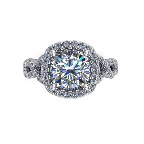 Azalea cushion-cut double halo engagement ring in Platinum, top-down view showing the cushion-cut center diamond framed by the double pavé halo