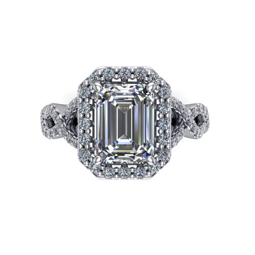 Azalea emerald-cut double halo engagement ring in Platinum, top-down view showing the emerald-cut center diamond framed by the double pavé halo