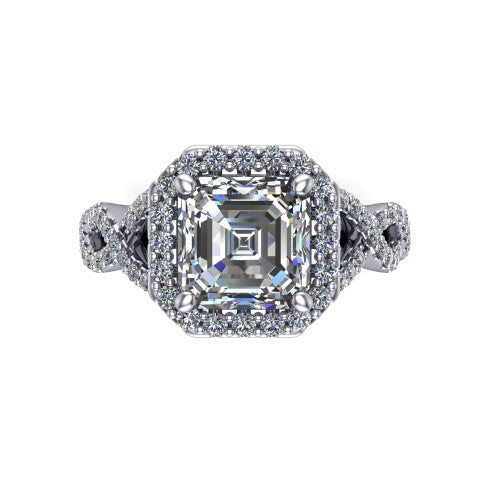 Azalea square emerald-cut double halo engagement ring in Platinum, top-down view showing the square emerald-cut center diamond framed by the double pavé halo
