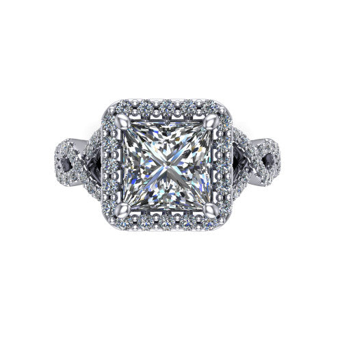 Azalea princess-cut double halo engagement ring in 14K White Gold, top-down view showing the princess-cut center diamond framed by the double pavé halo