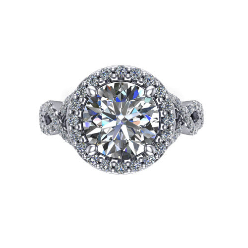 Azalea round double halo engagement ring in 14K White Gold, top-down view showing the round center diamond framed by the double pavé halo