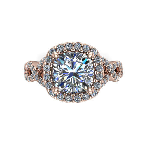 Azalea cushion-cut double halo engagement ring in 18K Rose Gold, top-down view showing the cushion-cut center diamond framed by the double pavé halo