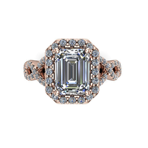 Azalea emerald-cut double halo engagement ring in 14K Rose Gold, top-down view showing the emerald-cut center diamond framed by the double pavé halo
