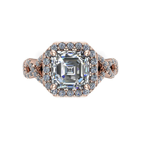 Azalea square emerald-cut double halo engagement ring in 18K Rose Gold, top-down view showing the square emerald-cut center diamond framed by the double pavé halo
