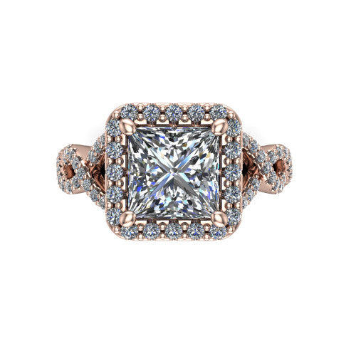 Azalea princess-cut double halo engagement ring in 14K Rose Gold, top-down view showing the princess-cut center diamond framed by the double pavé halo