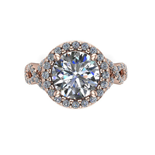 Azalea round double halo engagement ring in 18K Rose Gold, top-down view showing the round center diamond framed by the double pavé halo