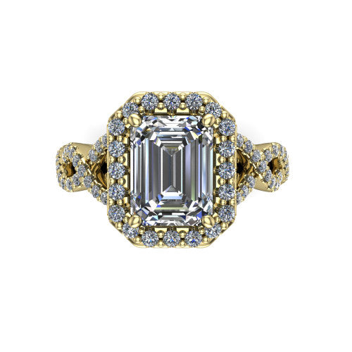 Azalea emerald-cut double halo engagement ring in 14K Yellow Gold, top-down view showing the emerald-cut center diamond framed by the double pavé halo