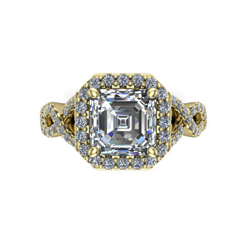 Azalea square emerald-cut double halo engagement ring in 18K Yellow Gold, top-down view showing the square emerald-cut center diamond framed by the double pavé halo