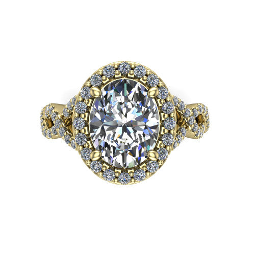 Azalea oval double halo engagement ring in 14K Yellow Gold, top-down view showing the oval center diamond framed by the double pavé halo