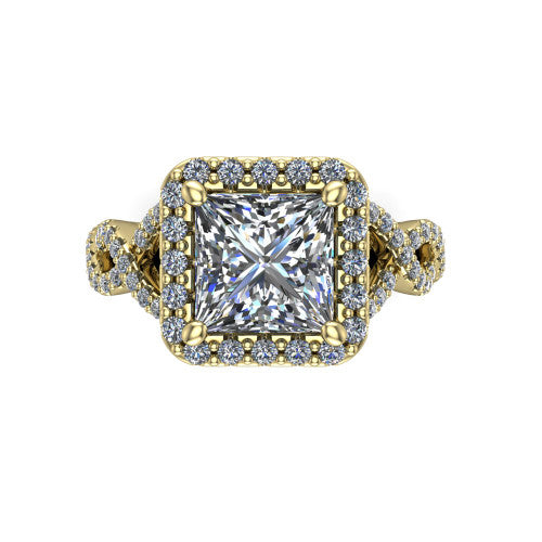 Azalea princess-cut double halo engagement ring in 18K Yellow Gold, top-down view showing the princess-cut center diamond framed by the double pavé halo