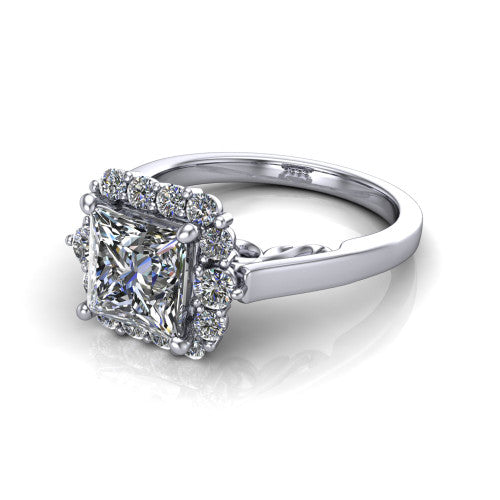 Elise princess halo engagement ring in Platinum, three-quarter perspective showing the princess center diamond in a vintage cluster halo above a polished band