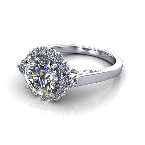 Elise round halo engagement ring in 14K White Gold, three-quarter perspective showing the round center diamond in a vintage cluster halo above a polished band