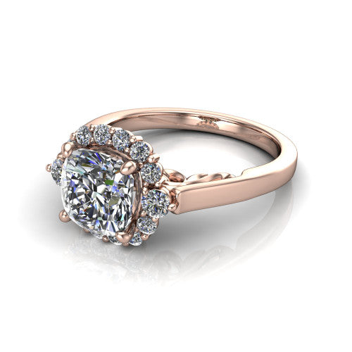 Elise cushion halo engagement ring in 18K Rose Gold, three-quarter perspective showing the cushion center diamond in a vintage cluster halo above a polished band