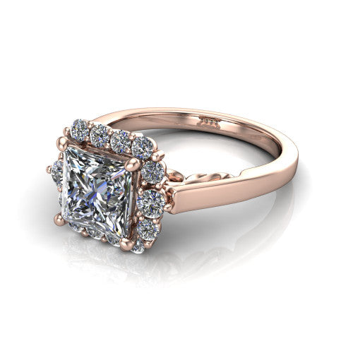 Elise princess halo engagement ring in 18K Rose Gold, three-quarter perspective showing the princess center diamond in a vintage cluster halo above a polished band