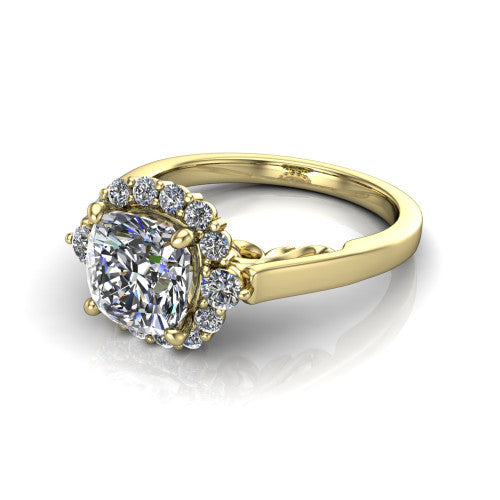 Elise cushion halo engagement ring in 18K Yellow Gold, three-quarter perspective showing the cushion center diamond in a vintage cluster halo above a polished band