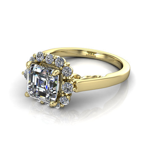 Elise square emerald halo engagement ring in 14K Yellow Gold, three-quarter perspective showing the square emerald center diamond in a vintage cluster halo above a polished band