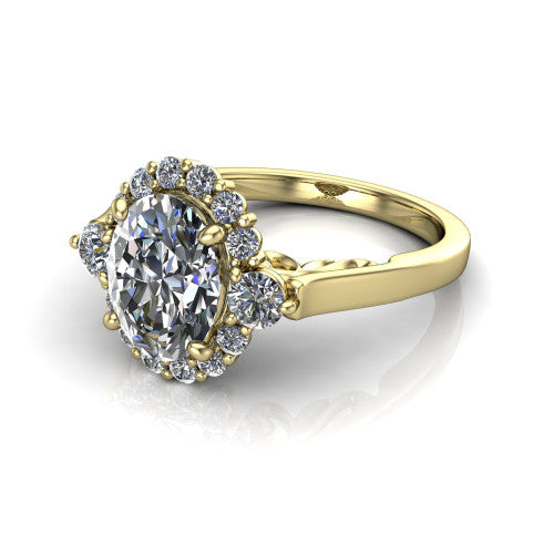 Elise oval halo engagement ring in 14K Yellow Gold, three-quarter perspective showing the oval center diamond in a vintage cluster halo above a polished band