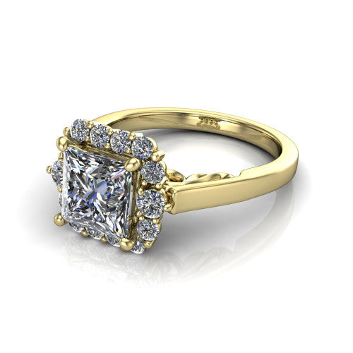 Elise princess halo engagement ring in 14K Yellow Gold, three-quarter perspective showing the princess center diamond in a vintage cluster halo above a polished band