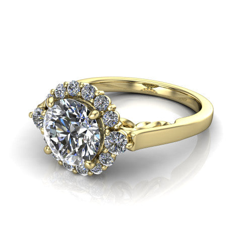 Elise round halo engagement ring in 18K Yellow Gold, three-quarter perspective showing the round center diamond in a vintage cluster halo above a polished band