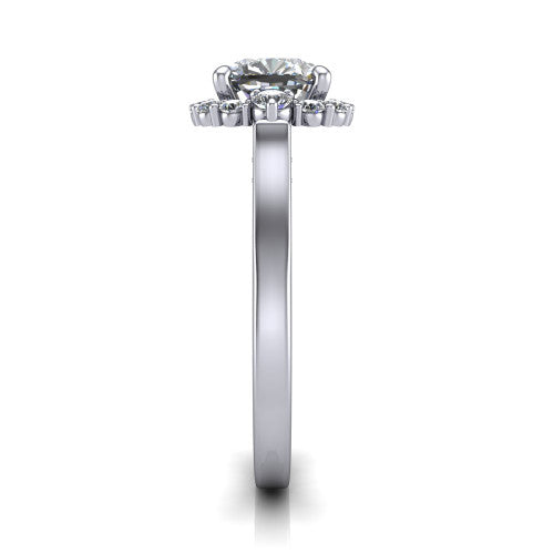 Elise cushion halo engagement ring in 14K White Gold, side profile showing the vintage bridge detail and polished band