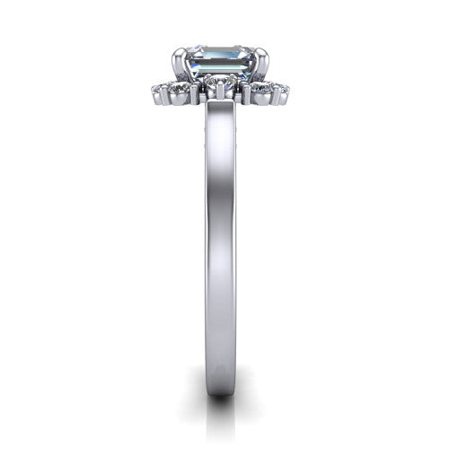 Elise square emerald halo engagement ring in Platinum, side profile showing the vintage bridge detail and polished band