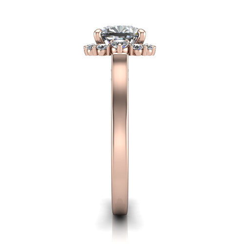 Elise cushion halo engagement ring in 14K Rose Gold, side profile showing the vintage bridge detail and polished band