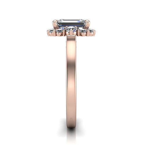 Elise emerald halo engagement ring in 14K Rose Gold, side profile showing the vintage bridge detail and polished band