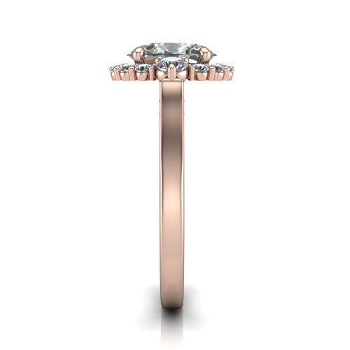 Elise oval halo engagement ring in 14K Rose Gold, side profile showing the vintage bridge detail and polished band
