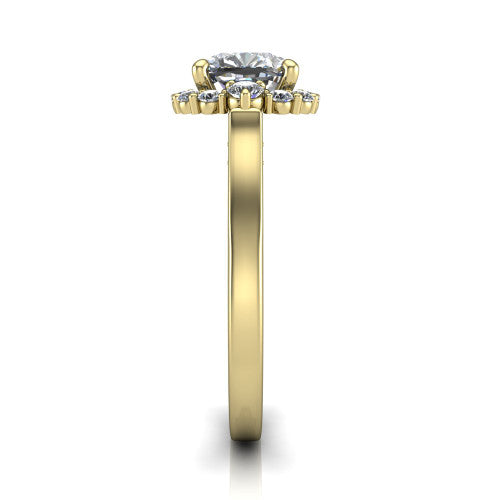 Elise cushion halo engagement ring in 14K Yellow Gold, side profile showing the vintage bridge detail and polished band